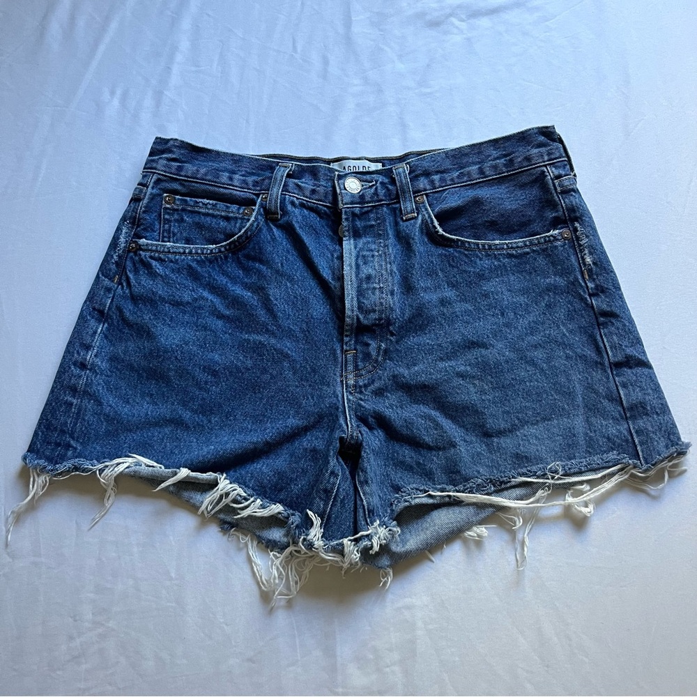 AGOLDE dark blue denim cutoff raw fray distressed hem high rise shorts